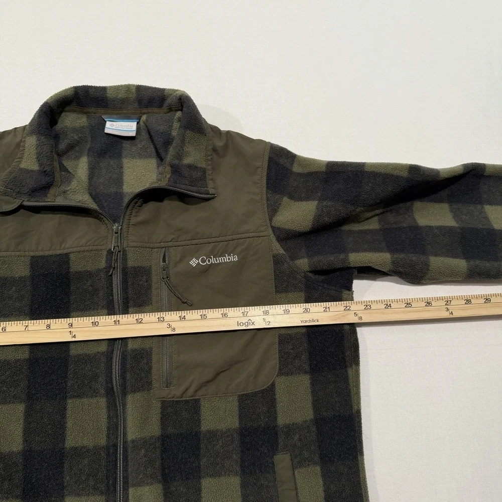 Columbia Mens Medium Green Plaid Full Zip Fleece Jacket Nylon Yoke Pocket XM0859